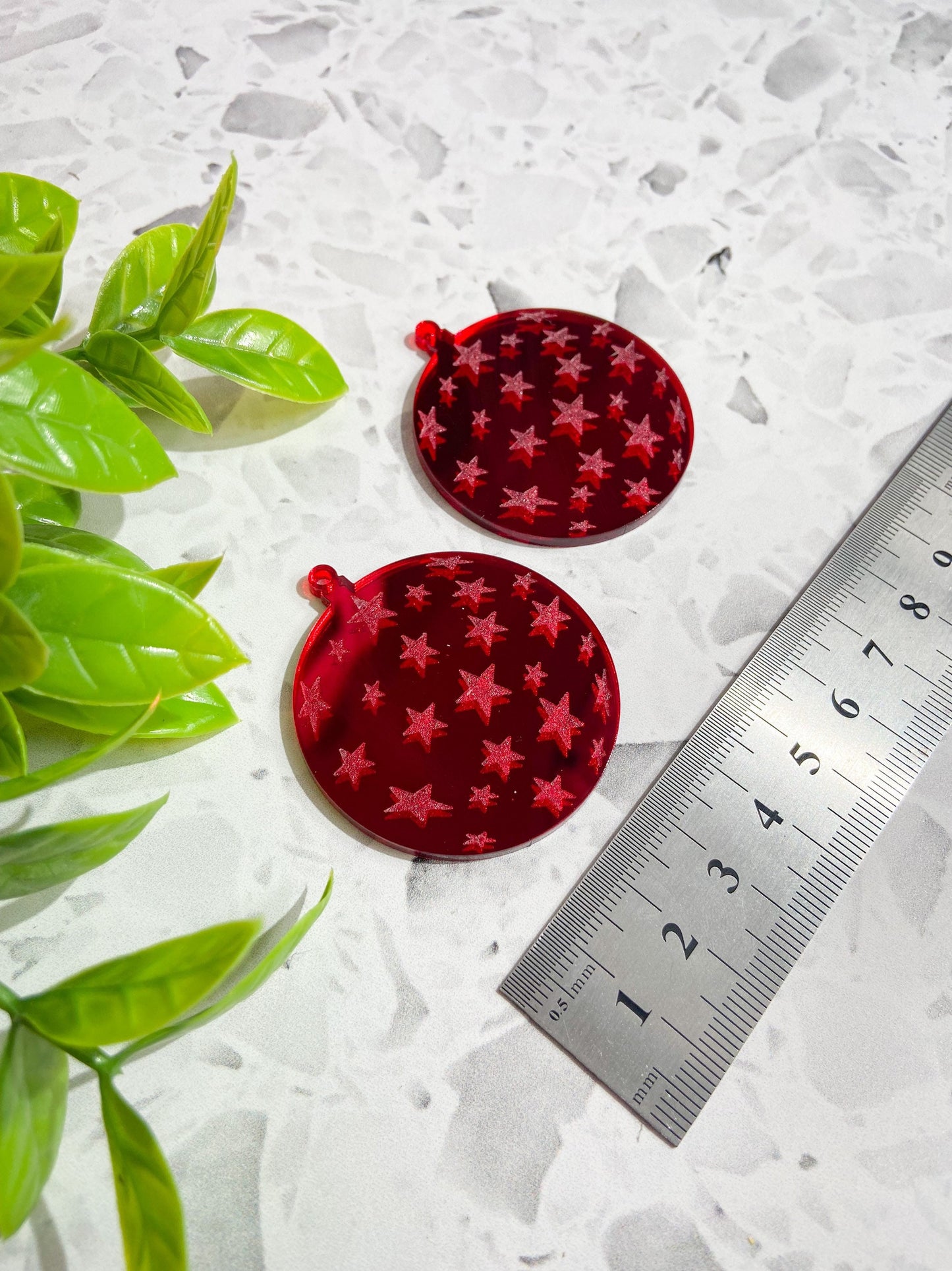 6 Christmas bauble red mirror acrylic earrings, festive bauble ornament earrings with etched stars