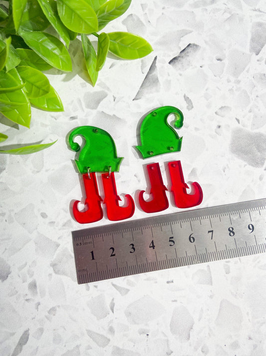 6 Christmas red and green transparent acrylic earrings, fun, cute Christmas earrings, hat and elf legs acrylic blanks