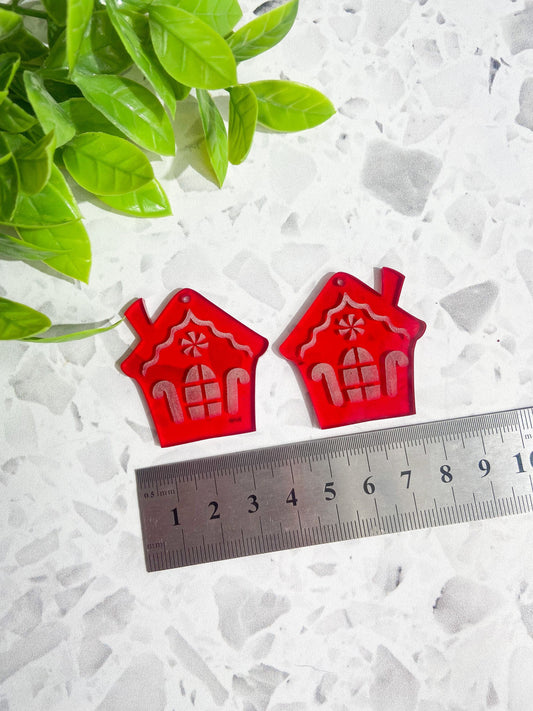 6 red etched Christmas acrylic blanks, cute, fun, festive ginger bread house earring