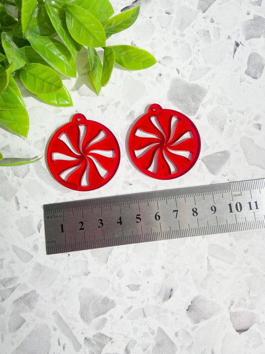 6 Peppermint Christmas transparent red acrylic earrings, festive earrings