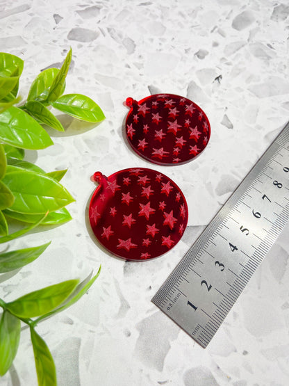 6 Christmas bauble red mirror acrylic earrings, festive bauble ornament earrings with etched stars