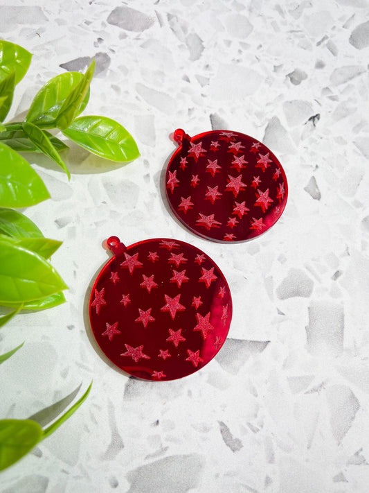 6 Christmas bauble red mirror acrylic earrings, festive bauble ornament earrings with etched stars